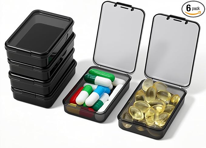 6 PCS Small Pill Box, Tiny Pill Case,Mini Clear Plastic Storage Containers Cute Travel Pill Organizer Case Portable for Pocket Purse Briefcase (Black)
