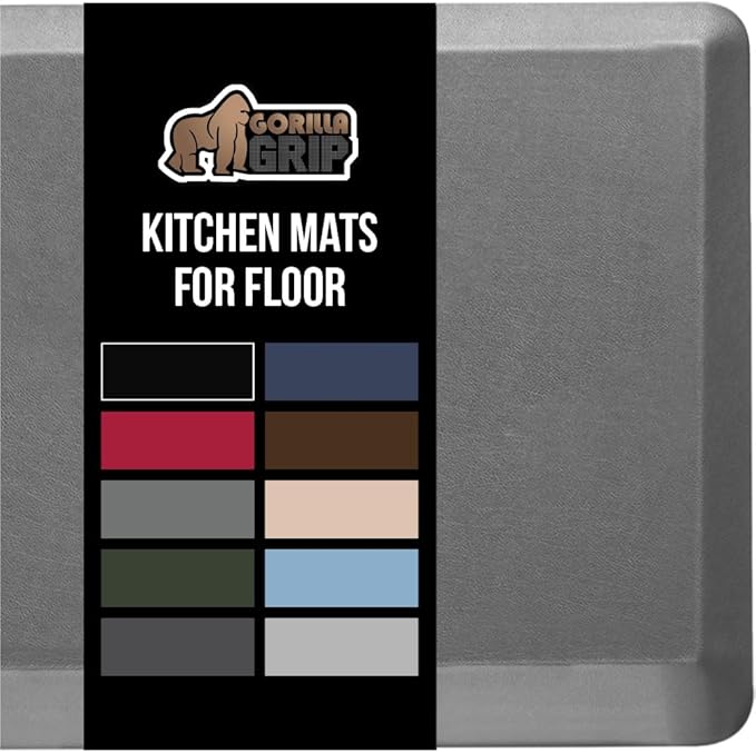 GORILLA GRIP Comfortable Cushioned Kitchen Mats for Floor, 48x20, Waterproof and Stain Resistant Soft Top, 3/4 Inch Thick Ergonomic Standing Desk Anti Fatigue Mat, Foam Supports Ankles and Feet, Grey