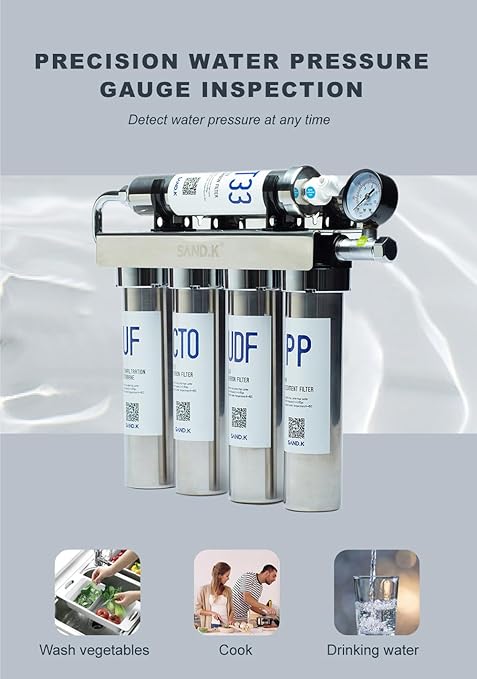 Stainless Steel Water Filter for Sink,0.01μm Ultra-Filtration Under Sink Water Filter System, Reduces PFAS, PFOA/PFOS, Fluoride, Chlorine, Bad Taste & Odor, Tankless 5-Stage with Faucet