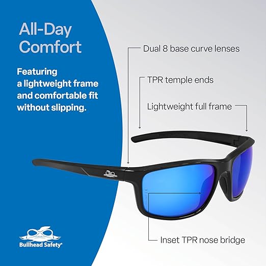 Bullhead Safety Eyewear Pompano Glasses - Anti-Fog, Lightweight, Impact/Scratch Resistant, UV Blocking Sunglasses for Cycling, Fishing, Driving, Blue Mirror/Shiny Black