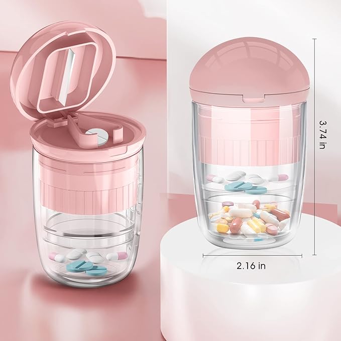 Pill Cutter Splitter with Dispenser, Pill Cutter for Small or Large Pills, Crushes Pills, Vitamins, Tablets, Stainless Steel Blade, Removable Drinking Cup (Pink-1)