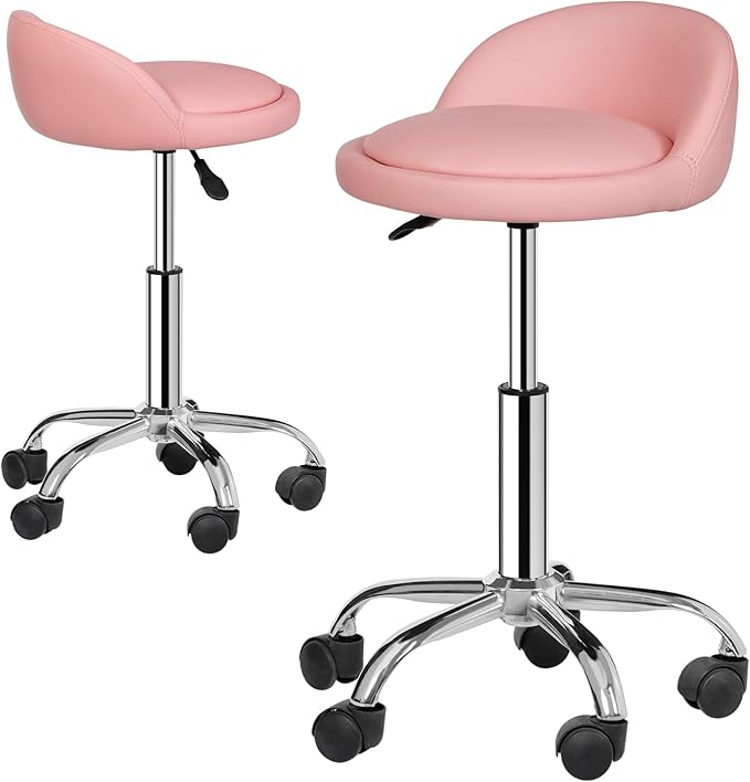 HomGarden Adjustable Hydraulic Rolling Swivel Stool for Massage Salon Office Facial Spa Medical Tattoo Chair Stool w/Backrest Cushion & Wheels (Pink)
