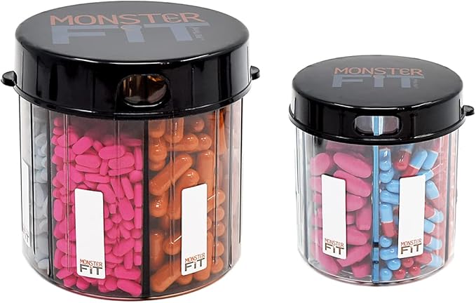 Monster & Monster Jr Supplement Medication Pill Dispensers 2 Pack with Labels, Extra Large and Small Pill Container Bottles Handle Almost Any Supplement, Easy to Dispense (Monster & Monster Jr.)