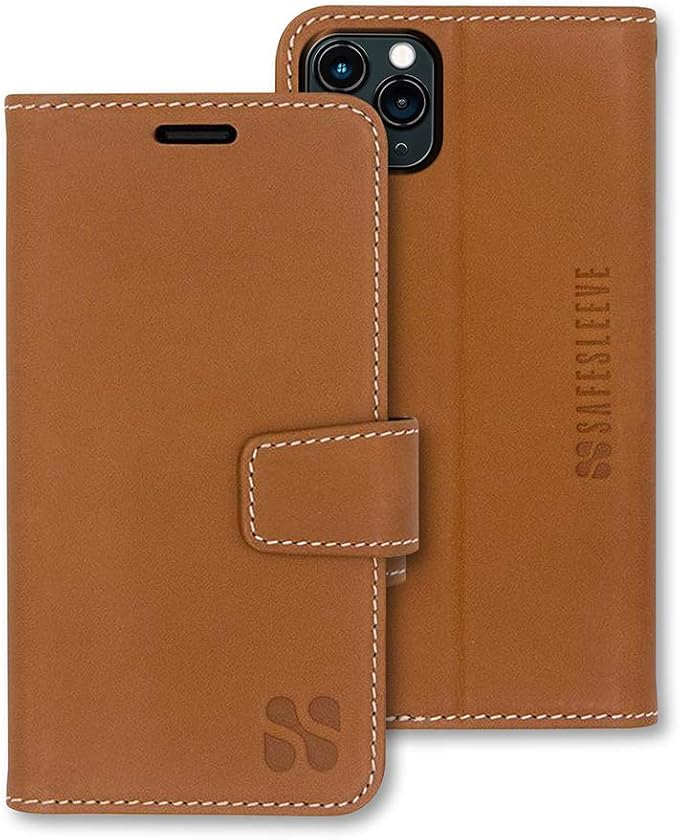 SafeSleeve Wallet Leather Case for iPhone 11 Pro EMF Blocker for Cell Phone with 3 Card Holder & Adjustable Stand – Magnetic Closure, and Magnetic Folio Protection for Daily Use (Genuine Leather)