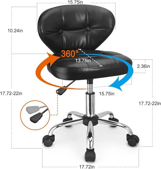 JOSTZHXIN Home Rolling Stool, PU Leather Rolling Chair with Back, Height Adjustable Swivel Chair for Teen Petite Adults,Black