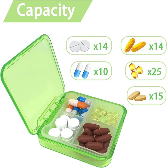 Pill Case for Pocket Travel Pill Organizer Small Pill Box Portable 4 Compartments Removable Medicine Organizer for Vitamin Fish Oil (Grass Green)