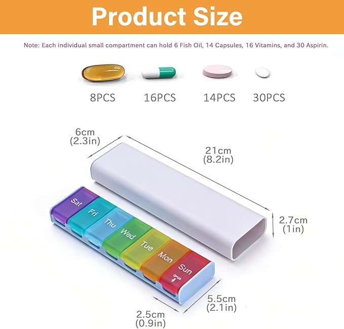 7-Day Pill Organizer, Weekly Medicine Case with Secure Flip-Top Lids, BPA-Free Travel Pill Box for Vitamins & Supplements, Easy-Fill Compartments for Home & Travel (White)
