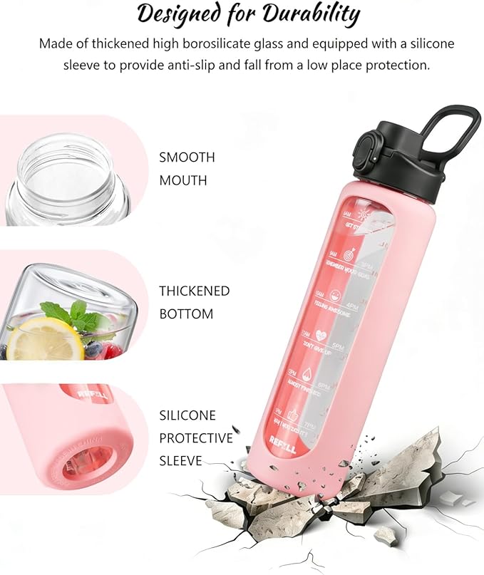 Nefeeko 32 oz Glass Water Bottles with Straw, Motivational Time Marker, 1 Liter BPA FREE Leakproof Reusable Glass Water Bottle with Silicone Sleeve, Bamboo Lid, Spout Lid