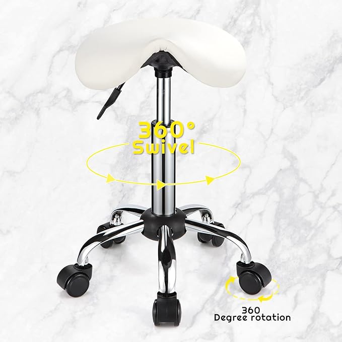 Saddle Rolling Stool with Wheels PU Leather Height Adjustable Swivel Stools Chair White