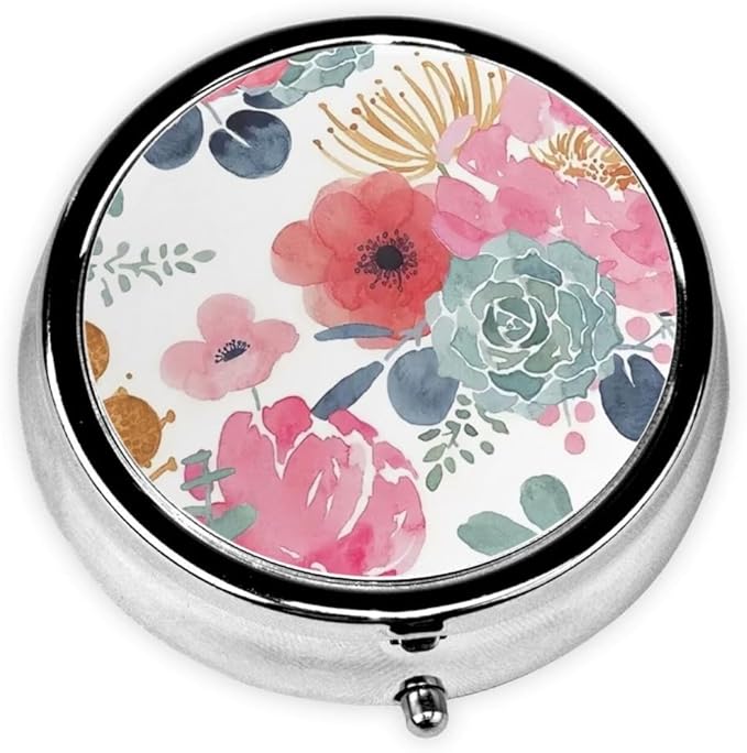Pill Box 3 Compartment Pocket Cute Small Pill Organizer Mini Metal Pill Holder Travel Portable for Man Woman - Pink Flower