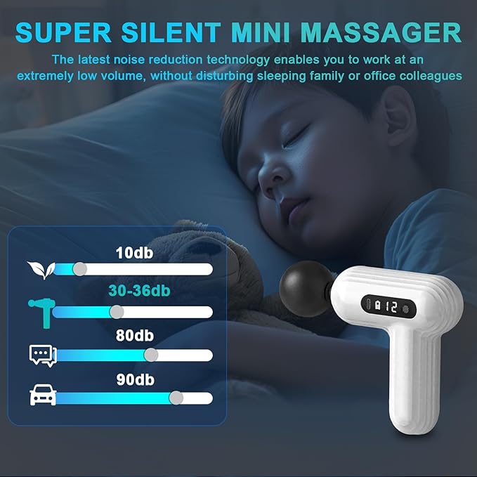 Massage Gun Deep Tissue, Percussion Massager Gun for Athletes Muscle with 9 Replacement Heads for Pain Relief, Super Quiet Portable Electric Massager (White-mini Massage Gun)