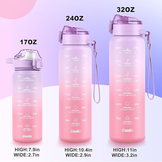 Stainless Steel Insulated Water Bottles 17oz with Handle, Double Wall Insulated Bottle with Time Marker BPA Free, 500ml Metal Water Flask for Outdoor Working School PURPLE PINK