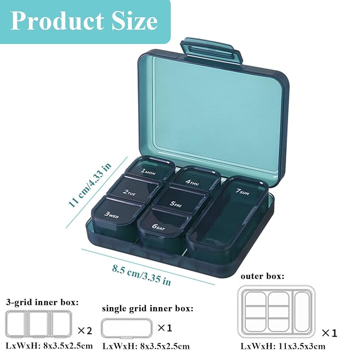 Portable Pill Organiser for Travel, 7-Day Pill Boxes with 7 Compartments 3 Separate Inner Boxes, Double Seal Dust-Proof, BPA-Free, for Vitamins, Medicines, DHA, Supplements (Blue)