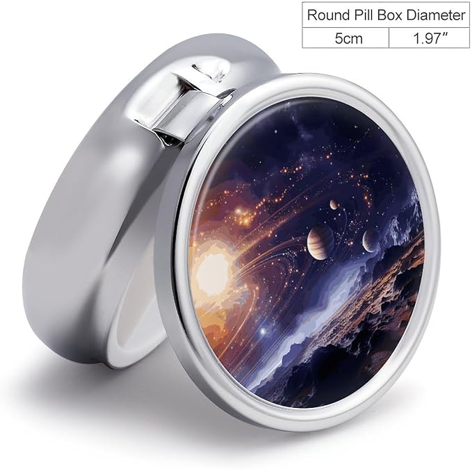 Outer Space Galaxy Universe Pill Box Travel Pill Case for Purse Pocket Weekly Medicine Organizer with Mirror 3 Compartment Round Medicine Case Portable PillcaseHolder for Daily