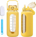 64oz Glass Water Bolttles with Straw Half Gallon Large Motivational Water Bottle with Time Marker Sports Water Bottles with Silicone Sleeve and Handle Lid Water Jug for Gym Workout