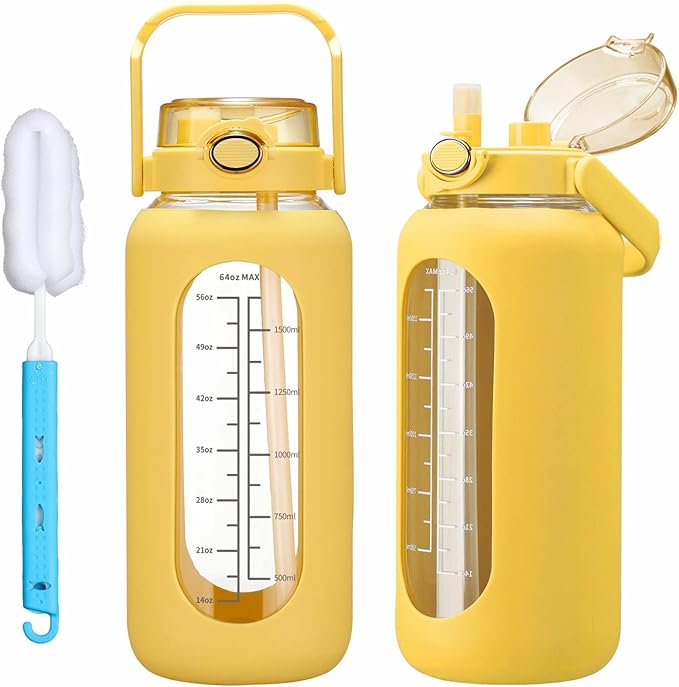 64oz Glass Water Bolttles with Straw Half Gallon Large Motivational Water Bottle with Time Marker Sports Water Bottles with Silicone Sleeve and Handle Lid Water Jug for Gym Workout