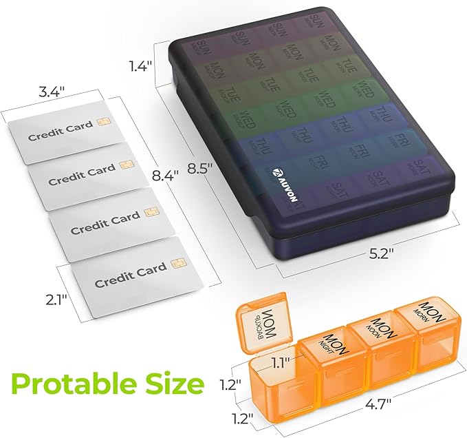AUVON Weekly Pill Organizer 4 Times a Day in 7 Colors with Face-Up Labels for Easy Organization, Portable AM PM Pill Box 7 Day with Dual Protection Keeps Medications, Vitamins, Fish Oils from Spills