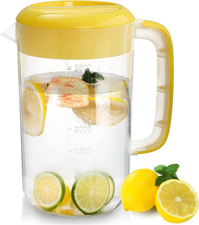 Jucoan 2 Pack 1 Gallon Plastic Water Pitcher with Lid, Large Gallon Water Jug, Juice and Iced Tea Beverage Carafe with Filter Lid, Handle, Scale for Fridge, Party