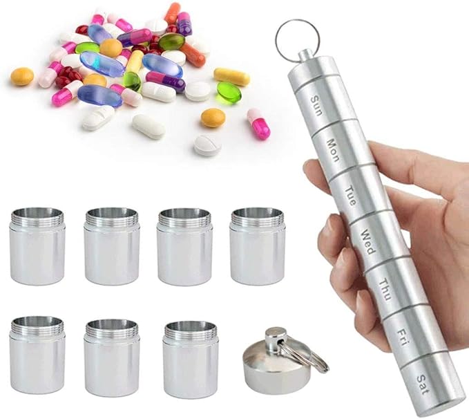 Metal Pill Box 7 Day,Aluminum Alloy Organizer Pill Case,Travel Pill Box Small Container,Waterproof Emergency Medicine Case,7 Stackable Compartments of Mini Pill Box for Outdoor,Adventure,Camping