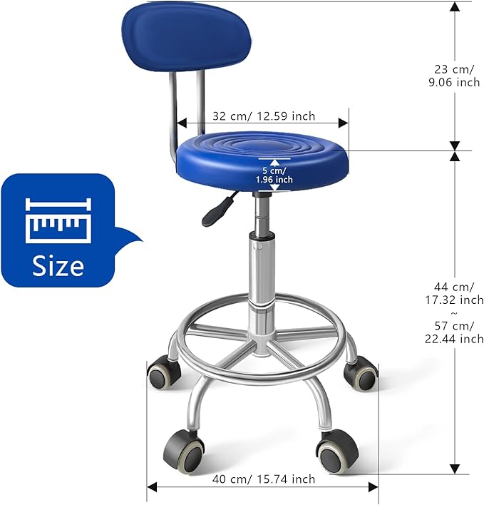 Chair with Wheels PU Leather, with Backrest, Height Adjustable, 360° Swivelling Armless Barstool with Footrest, Ideal for Pubs, Restaurants, Offices, Homes, Tattoos, Massages (Blue)
