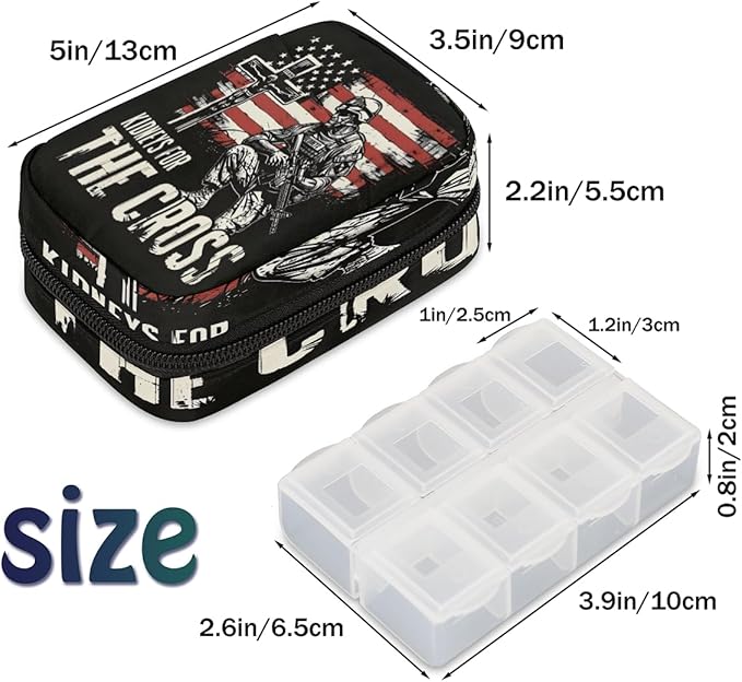 American Flag Memorial Cross Travel Pill Organizer Box Weekly Portable Pill Case Daily Pills 7 Day Small Birth Control Pills Container Removable Compartments for Medicine Vitamins Fish Oil