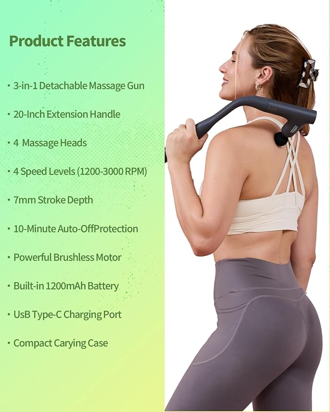 3-in-1 Massage Gun, Deep Tissue Percussion Massager with Extended Handle for Back Pain Relief, Portable for Gym/Office/Home,FSA-HSA Eligible
