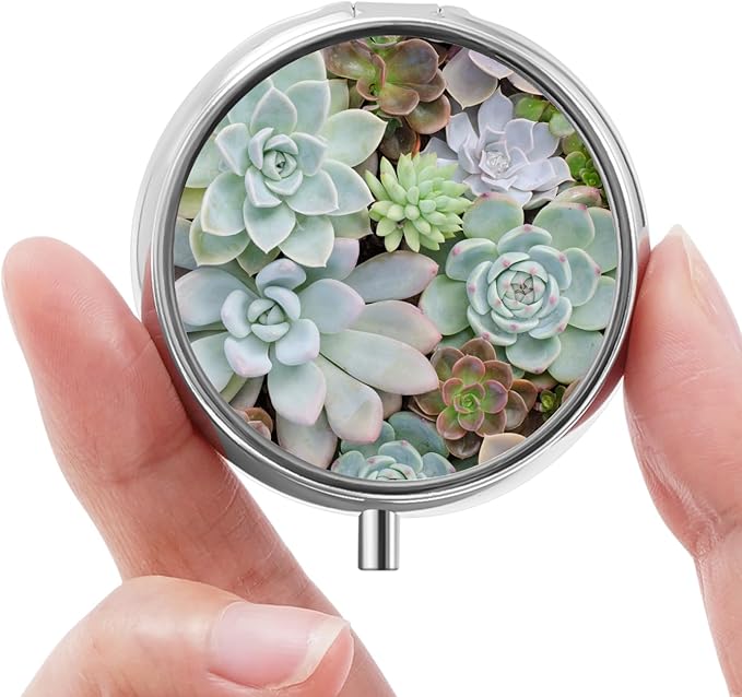 Mini Pill Box, Small Pill Box, Portable Pill Box, Cute Pill Organizer for Vitamins, Medications, Fish Oil and Supplements (Succulent)