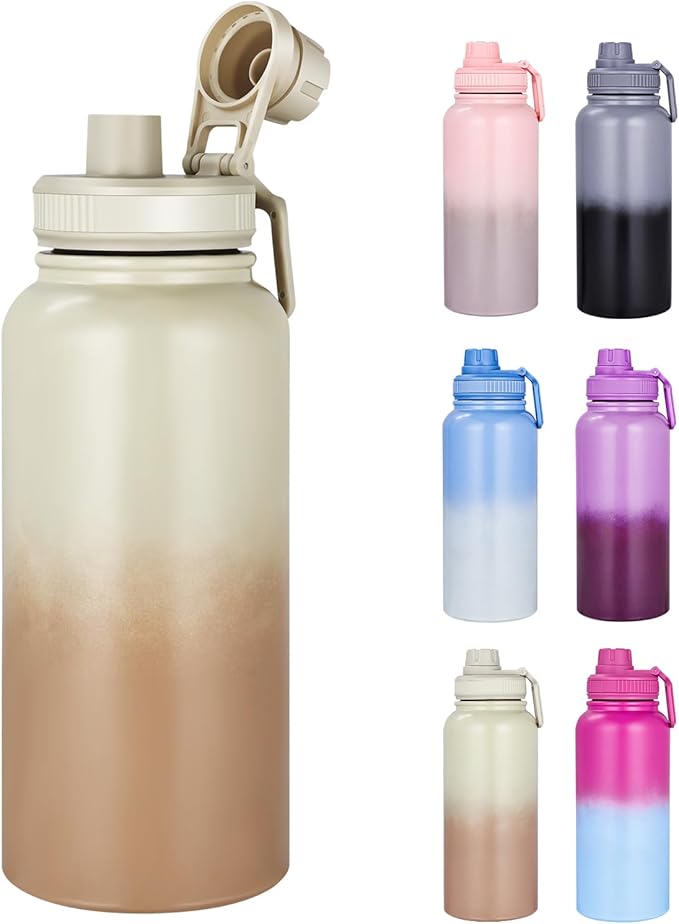 Motivational Water Bottle 32oz with Time Marker- Leakproof & BPA Free Sports Water Bottle with Straw & Carry Strap for Gym, Travel and Outdoor Sports (Stainless steel insulation-Brwom)