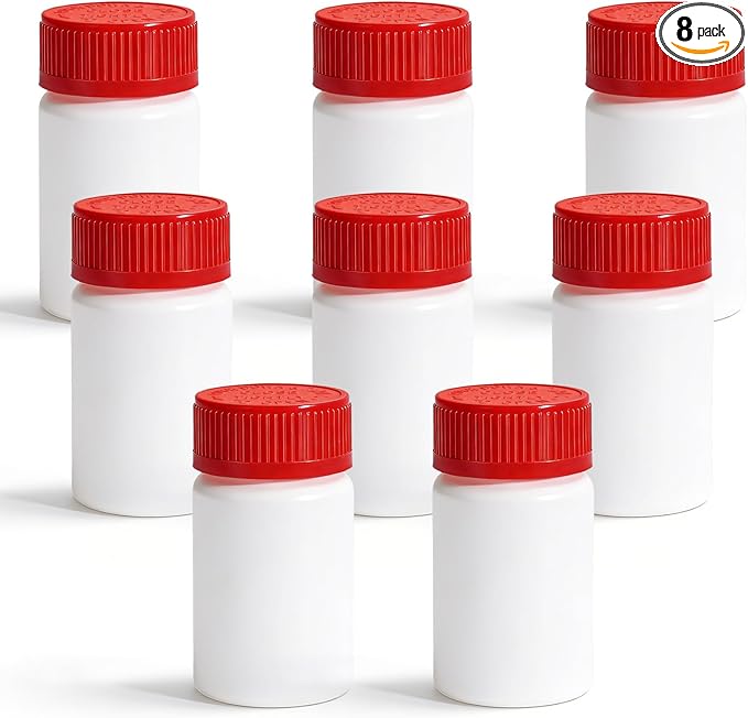 DEMORA Pill Bottle Empty with Child Resistant Cap, Wide Mouth Travel Small Pill Bottle Plastic Medicine Containiers Medicine Organizers for Medications Capsules (3.4 oz, 8 Pcs)