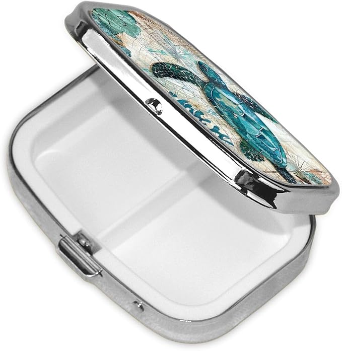 Sea Turtle Starfish Pill Organizer Ocean Nautical Map 2 Compartment Travel Pill Case Medicine Box Metal Vitamin Holder for Pocket or Purse