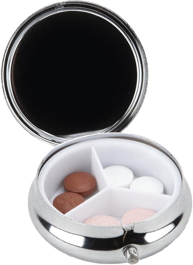 Dog and Cat Round 3-Compartment Chrome Pill Box – Metal Travel Medicine Organizer for Pills, Vitamins, and Small Items – Durable Compact Pill Case