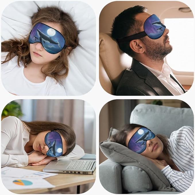 Flying Whale Sleep Eye Mask Eye Cover Fish Family Shimmering Sea Surface Starry Night Silk Eye Mask for Sleeping with Adjustable Strap for Travel Nap Shift Work Office
