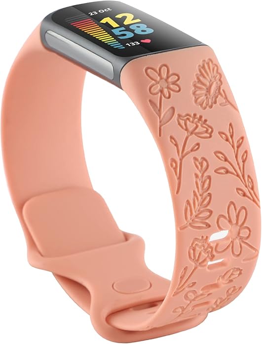 Flower Engraved Bands Compatible with Fitbit Charge 5 Band/Charge 6 Bands Women Cute Floral Engraving Soft Silicone Sport Strap Replacement Wristband for Fitbit Charge 5/6 Tracker Accessories