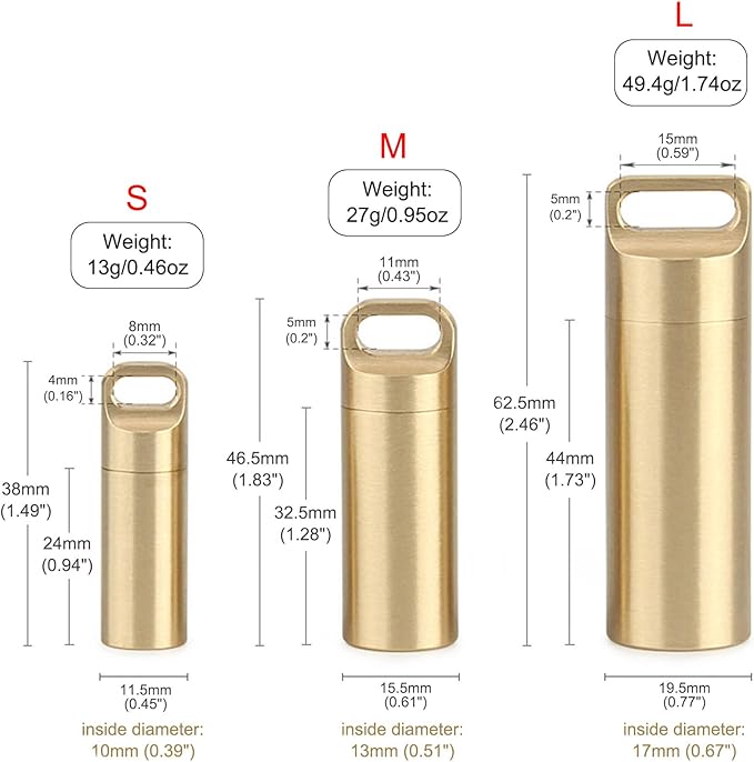 Brass Seals Bottles Keychain,Portable Waterproof Pill Case Key Chain, Mini Canister Medicine Capsule Bottle Pill Container for Outdoo Camping & Travelling EDC Tool, Large