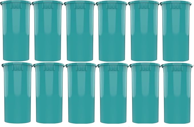 Multi-Use Airtight Empty Pill Bottles with Hinged Lids, 13 Dram Plastic Bottle Organizer for Supplements, Vitamins & Medicines, 12 Pack (Aqua Opaque)