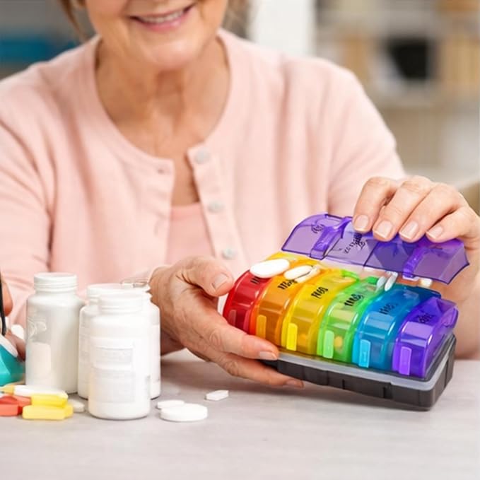 Weekly Pill Organizer Box with 14 Compartments, Rainbow Colors, AM PM Daily Medicine Container, Travel Case with Clear Lid