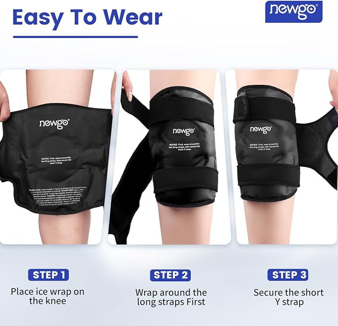 NEWGO Ice Pack for Knee Injuries Reusable, Knee Ice Pack Wrap Around Entire Knees for Replacement Surgery Recovery, Gel Cold Pack Wrap for Meniscus Tear, ACL, Swelling Pain Relief - 2 Pack Black