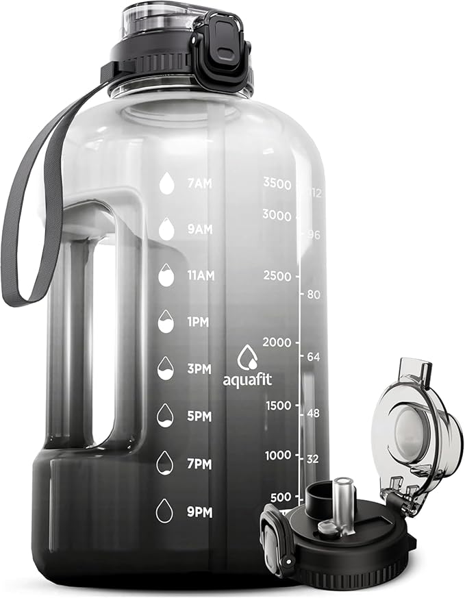 AQUAFIT 1 Gallon Water Bottle with Time Marker - Straw & Chug Lid - BPA Free Gym Water Bottle with Straw - Big Gallon Jug (Midnight Black, 128 oz - 2in1 Lid)