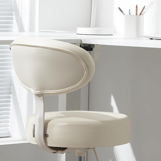 Adjustable Height Hydraulic Rolling Swivel Stool Chair with Metal Base and Faux Leather Cushion for Salon, Medical, Office and Home, 503 Kai Series, Round Seat with Backrest, Vanilla