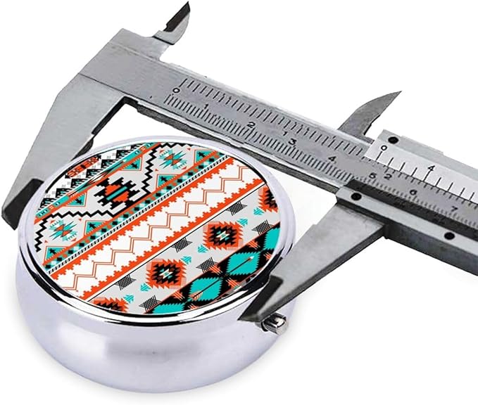 Travel Pill Organizer Large Portable Indiana Western Southwest Tribal Ethnic Aztec Geometric, 3 Compartment Round Pill Box with Mirror, Travel Case Pill Holder for Vitamin Medicine