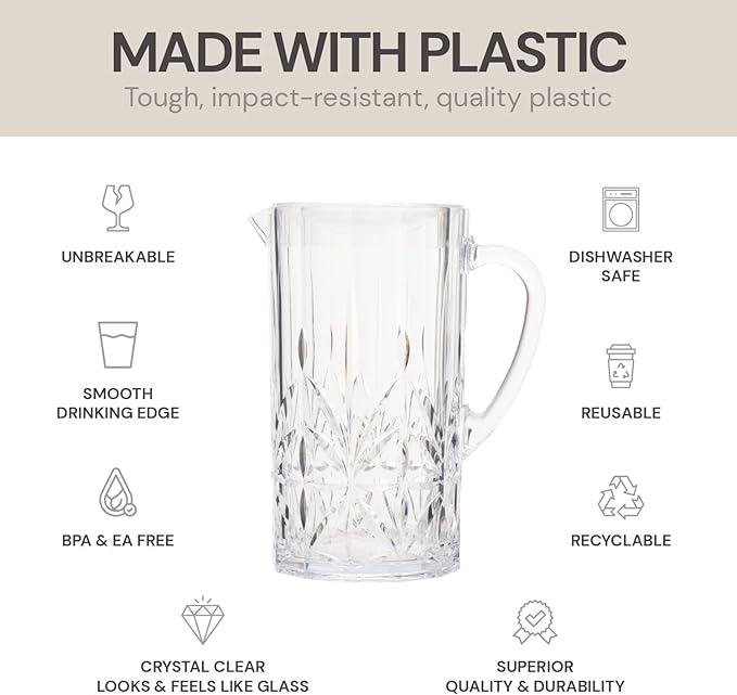 BELLAFORTE Shatterproof Tritan Plastic Water Pitcher with Lid, Myrtle Beach 88oz Unbreakable Drinking Jug for Orange Juice, Iced Tea & Water - Dishwasher Safe - BPA Free - Clear