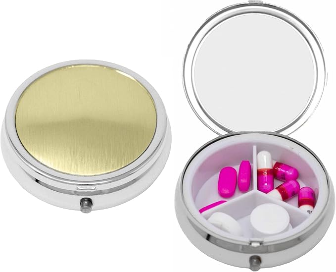 Set of 2 Circular Embossed Triple-Compartment Pocket Purse Pill Box & Organizer (Gold & Silver)
