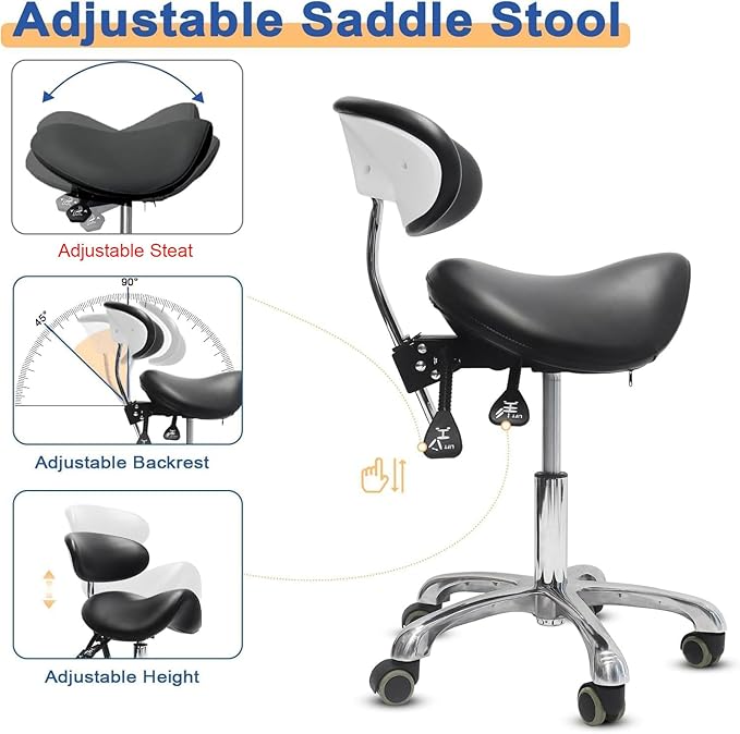 Saddle Stool with Wheels,3-Way Function Rolling Stool with Back Support,Ergonomic Stool Saddle Stool for Hair Stylist for Dentist Salon Tattoo(Black)