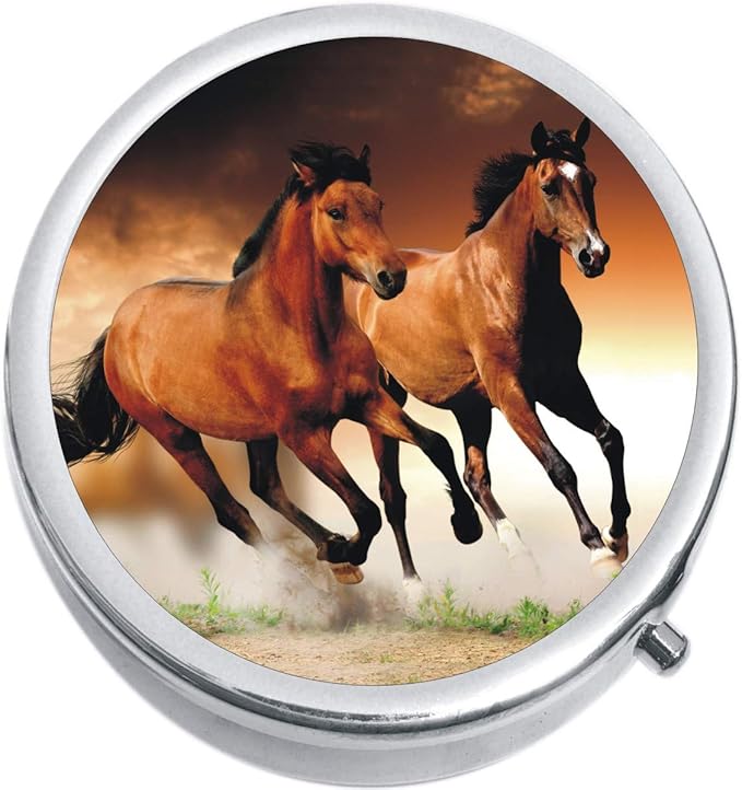 NewCharms Brown Horses Medicine Vitamin Compact 3-Compartment Pill Box