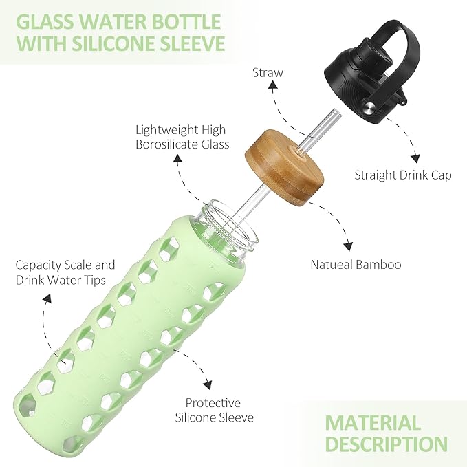 MUKOKO Glass Water Bottles,32oz Glass Tumbler with Straw,Drinking Bottles with 2 Lids-Handle Spout Lid&Bamboo Straw Lid,Motivational Water Bottle with Time Marker and Silicone Sleeve,1 Pack-Mustard