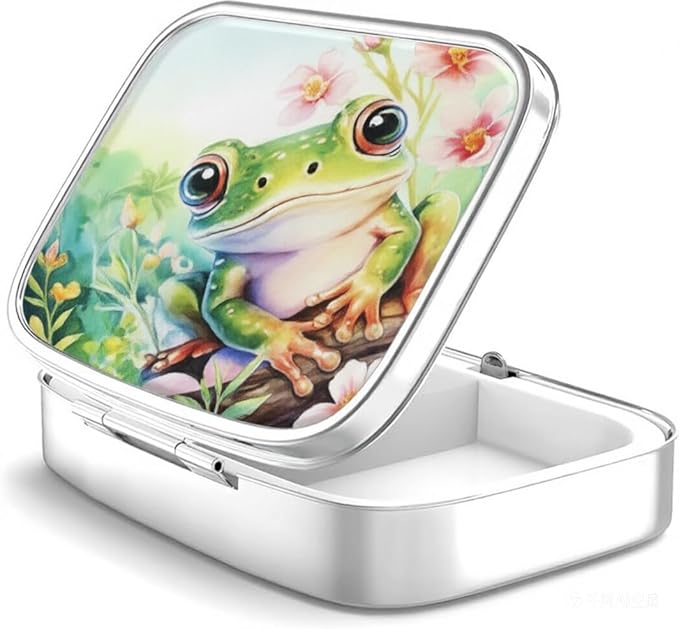 WATASSA Pill Box with Animal Style Mirror All-in-One 2-Compartment Portable Medicine Organizer, Marble Pattern Travel Pill Case for Vitamins&Daily Medication(Fits Pocket/Purse) (Green Fog)