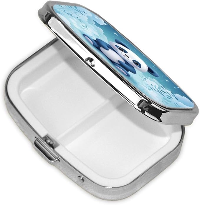 Cute Panda Patterns Pill Box with Mirror 2 Compartment Metal Square Small Pill Case for Purse Pocket Portable Pill Container Holder Travel Medicine Organizer for Vitamin Fish Oil Supplement