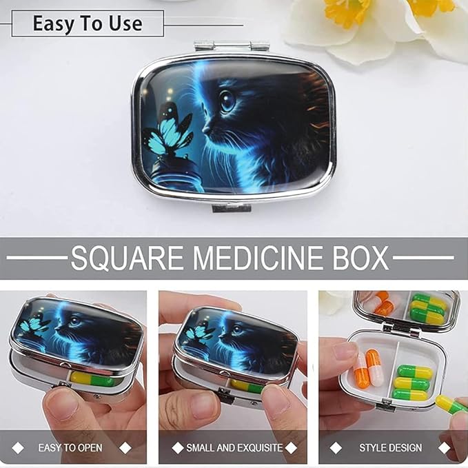 WATASSA Pill Box with Animal Style Mirror All-in-One 2-Compartment Portable Medicine Organizer, Marble Pattern Travel Pill Case for Vitamins&Daily Medication(Fits Pocket/Purse) (Blue Cat)