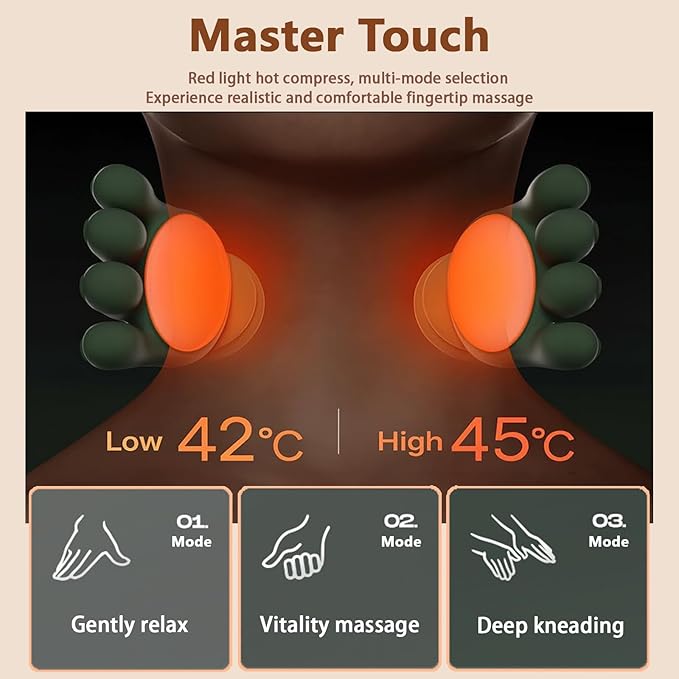 Bionic Hand Heated Neck Massager, Portable Shiatsu Shoulder and Back Massager, 3-Speed Adjustable Rechargeable Massage Master Relief Pain and Muscle Relax for Home, Office and Travel