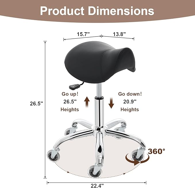 Saddle Stool, Ergonomic Saddle Chair with Wheels 450 LBS, Adjustable Height Swivel Salon Stool, Rolling Stool for Home Office Tattoo Massage Clinic Lab Beauty (Black)